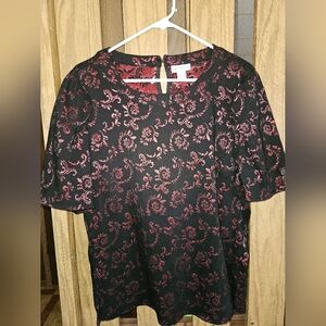 Elegant Black and Red Floral Brocade Top